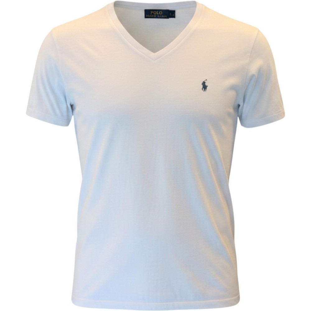 Polo Ralph Lauren Mens White V-Neck Custom Slim Fit T-Shirt Large Blue Pony Logo